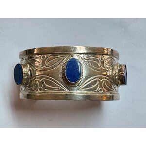 Size 7 Unbranded Sterling Silver Cuff Bracelet w/ 3 Blue Gemstones 30.7mm Width
